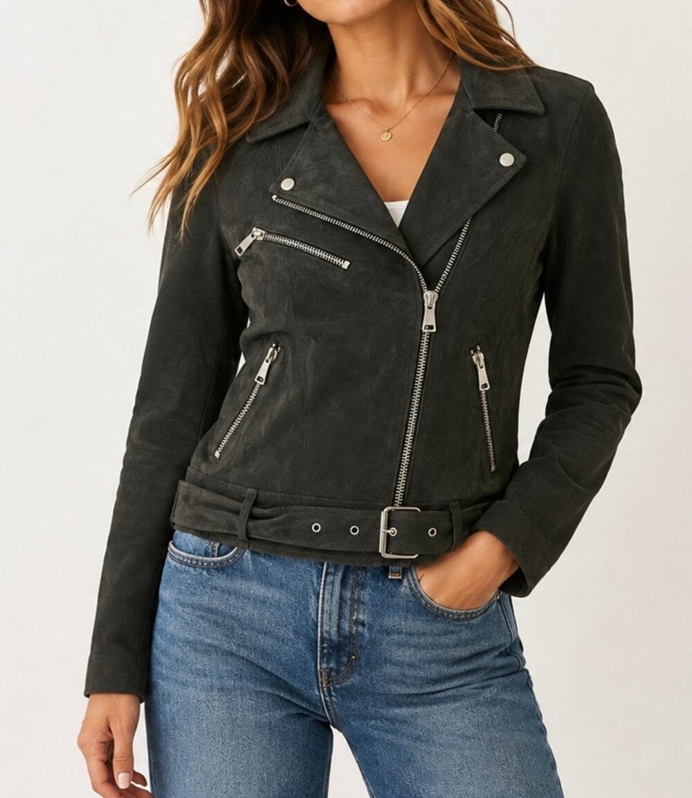 H&M Dark Grey Suede Biker Jacket with Belt Size 6